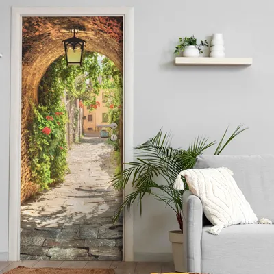Produktbild von Türtapete selbstklebend | 200 x 90 cm Malerische Gasse | Tür Aufkleber Poster Türfolie | Einteilig | Wasserfest 3D Türaufkleber Klebefolie Wandtattoo