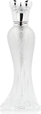 A perfume bottle shaped like a woman's torso and dress, with a glittery silver finish.