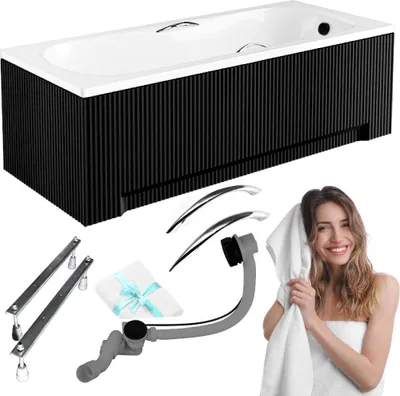 Produktbild von Aqua For You | Badewanne Aria Plus - 170x70cm - Antibakterielle Beschichtung - Schwarz - 5in1 Montageset - mit geriffelter Verkleidung