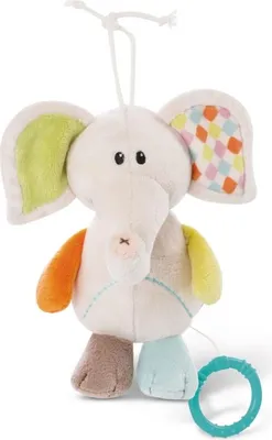 A plush toy elephant hanging by a string, with a pull-string mechanism at the bottom.