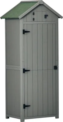 Image de Outsunny Armoire de jardin extérieur abri de jardin en bois abri pour outils 3 étagères 2 Portes loquets Toit Pente bitumé rangement et stockage extérieurs 77 x 54 x 179 cm Sapin traité Gris