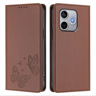 Image de Étui en cuir pour Honor 600 Lite, étui de protection type portefeuille en cuir gaufré « papillon » avec support, marron