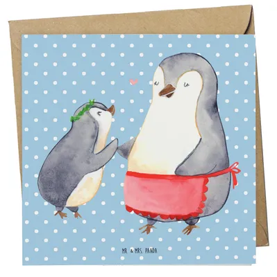 Produktbild von Mr. & Mrs. Panda Glückwunschkarte Pinguin mit Kind - Blau Pastell - Geschenk, Vorbild Mama, Grußkarte, faltkarte, Mutter, anlasskarte, Muttertag, Mutti, Tochter