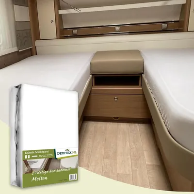 Produktbild von Dexitex Spannbettlaken Set 3-teilig für Französisches Bett, 2× Weiß + 1× Matratzenschoner, Ecke Links, 125–155 × 190–210 cm für Wohnmobile