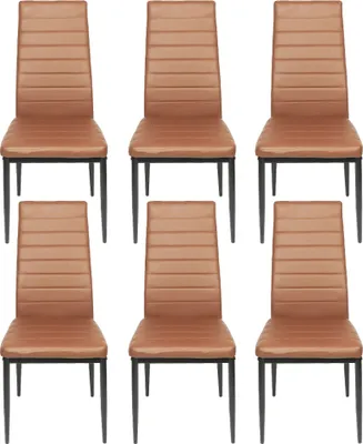 Six brown faux leather dining chairs arranged in two rows.
