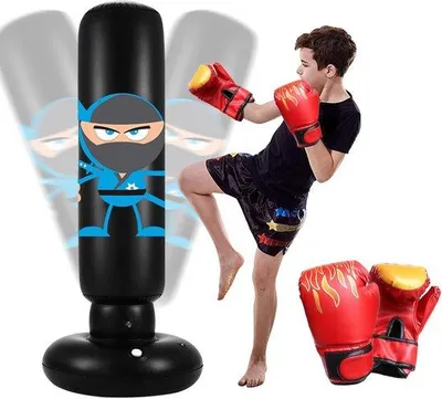 Produktbild von Unyqoos® Aufblasbarer Stand-Boxsack 165 cm mit Boxhandschuhen – PVC, wasser-/sandbefüllbare Basis, schnell einsatzbereit für Zuhause