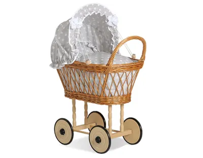 Produktbild von My Sweet Baby Puppenwagen aus Naturfaser mit grauer Bettwäsche und Holzrädern für Puppen mit beweglicher Sonnenblende und Gum