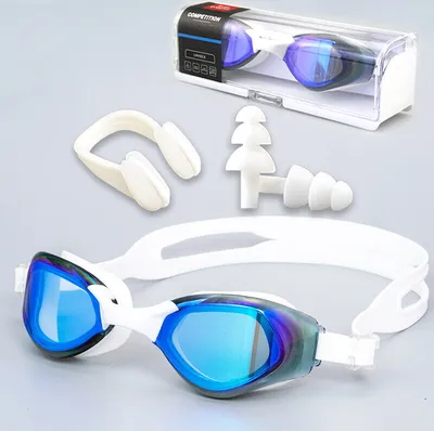 Produktbild von 4-teiliges Set Schwimmbrille für Erwachsene, Anti-Beschlag UV-Schutz Polarisiert Schwimmbrille für Herren Damen Jugendliche mit Ohrstöpsel, Nasenklammer, Schwimmhaube aus Silikon