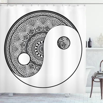 Image de Rideau de douche ABAKUHAUS Mandala, style asiatique traditionnel, symbole yin-yang avec dessins mandala très détaillés, 175 x 220 cm, noir et blanc
