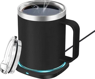 Obrázek produktu pro Elektrický hrnek 2 v 1, objem 300 ml, nerezová ocel, inteligentní regulace teploty, nabíjení přes USB, vhodný pro kávu, čaj, vodu, mléko, pro použití v kanceláři i doma.