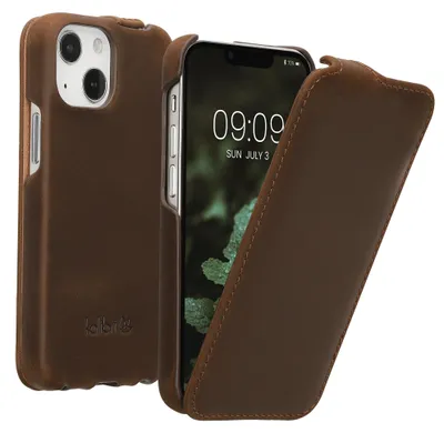 Produktbild von kalibri Flip Hülle Ultra Slim kompatibel mit Apple iPhone 13 mini - Leder Case Schutzhülle Tasche in Braun