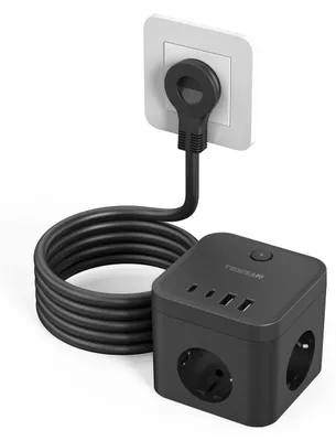 Produktbild von TESSAN Steckdosenwürfel mit USB C, 7 in 1 Steckdosenleiste Flachstecker PD 20W Schnellladen, Mehrfachsteckdose mit Schalter, Verlängerungskabel 5M Mehrfachstecker für Büro, Schwarz