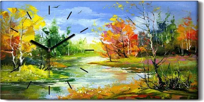 Produktbild von Leinwand Wanduhr Wandkunst Uhr Geräuschlos 60x30 Gemälde Wald Bäume Fluss Natur - schwarze Hände