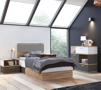 Produktbild von Jugendzimmer Set 3-teilig TOMAR-129 mit Bett 90x200 cm in Eiche Nb. mit weiß und grau