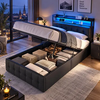 Imagen del producto de Cama tapizada de 90x200 con LED y USB, camas individuales de poliuretano con espacio de almacenamiento, cama juvenil con espacio de almacenamiento hidráulico, estructura de cama con somier, sin colchón, color negro