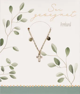 Produktbild von Armband 'Sei gesegnet' für Erstkommunion Mädchen, goldfarben, 18,5 cm, mit Kreuz-Anhänger, verstellbar, Allergiker geeignet.