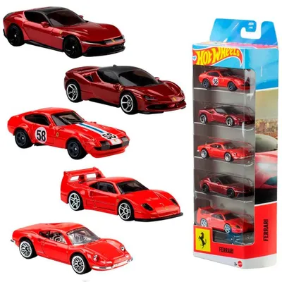Produktbild von Hot Wheels Ferrari 5er-Pack, 5er-Set Die-Cast-Spielzeug Ferrari-Autos im Maßstab 1:64, Fahrzeug-Set, 3 Jahr(e), Kunststoff, Metall, Rot