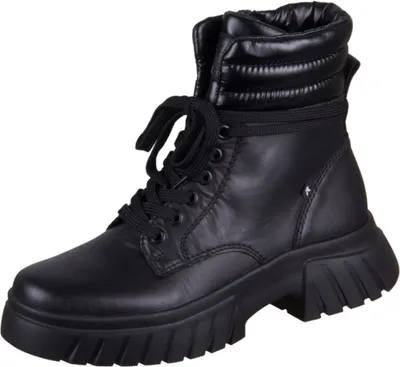A black lace-up boot with a thick sole.