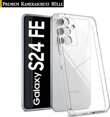 A clear phone case is shown next to a phone displaying its model name.