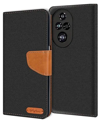 A black flip phone case with a brown leather strap and a small brown logo on the front.