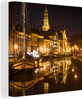 Produktbild von MuchoWow® - Leinwandbilder - Groningen - Nacht - Lichter, Wandbild, Wanddeko Bilder Wohnzimmer, 20x20 cm
