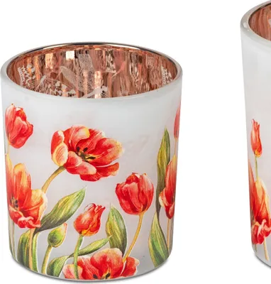 Produktbild von Teelichthalter FRÜHLINGSZEIT Tulpen Zylinder H 8cm weiß rot aus Glas Formano F25