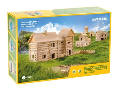 The image shows the packaging for a wooden construction set, depicting a village of log houses built on a grassy hill under a blue sky.