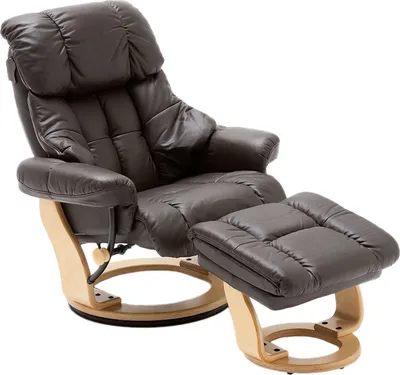 Produktbild von Relaxsessel >Carl I< mit Hocker, bis 130 kg belastbar, drehbarer Fernsehsessel mit Liegefunktion, Echtleder braun, Gestell Holz natur