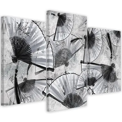 Produktbild von Triptychon auf leinwand japanische fächer 120x80 cm Feeby grau wandbild bereit zum aufhängen