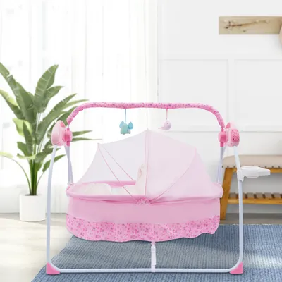 Produktbild von GreatDEshop2021 Babyschaukel, Rosa, Elektrische Wiege, Automatik, Bluetooth, freistehend, bis 25 kg, für Kleinkinder, 103x75x86 cm, ABS, Stahlrohr, Stoff, inkl. Flaschenständer, für Innen & Außen