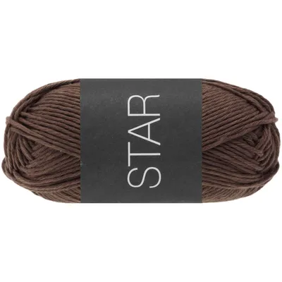 A ball of brown yarn with a dark gray label.