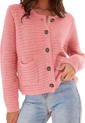 Produktbild von ASKSA Damen Strickjacke Rundhals Cardigan Knopfleiste Pullover Langarm Herbst Winter Grob Gestrickt Outerwear, Rosa, L