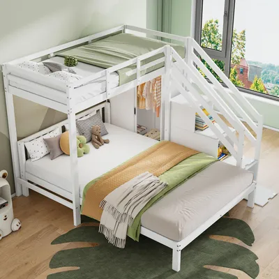 Immagine prodotto di Letto a castello Sweiko con armadio, 90x200cm+140x200cm,Letto multifunzionale per bambini, Letto a castello per bambini, Con scala di contenimento, Ampio spazio di contenimento, Senza materasso, Legno massiccio+MDF, Bianco