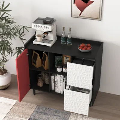 Obrázek produktu pro MODFU Kuchyňská skříň akcentová obývací skříň s červenými dveřmi+2 otevřené police,příborník se zásuvkami,Černá+Červená