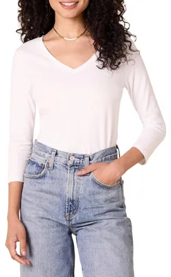 Produktbild von Amazon Essentials Damen-T-Shirt mit 3/4-Ärmeln, V-Ausschnitt (erhältlich in Übergröße), Weiß, Größe S