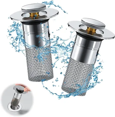 Produktbild von 2-in-1 Waschbeckenstöpsel mit Abflusssieb, 2 Stk,Edelstahl, Universell für 34-40mm Abfluss, Haarsieb, Wasserhalt und Ablassmodus,Bad,Küche, Badewanne
