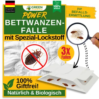 Marketing image for a bed bug trap, showing the product packaging, a diagram of bed bugs, and text highlighting features.