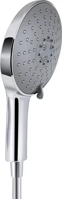 A close-up studio shot of a modern chrome hand shower head.
