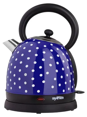 Produktbild von Grafner Retro Wasserkocher 2200 Watt, 1,8 Liter, Edelstahl-Korpus, Wunschfarbe, entnehmbarer Kalkfilter, kabellos, Überhitzungsschutz, BPA-Frei, Cool-Touch, Wasserstandsanzeige (Pünktchen blau)
