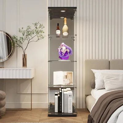 Zdjęcie produktu dla Szafa witryna stojąca z oświetleniem LED, 1 drzwi, 4 półki, tylna ścianka ze szkła, kolor czarny