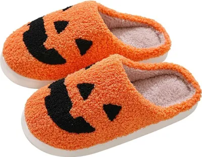 Produktbild von Halloween Kürbis Hausschuhe,  Damen Plüsch Pantoffeln Halloween Schuhe Flauschige Winter Bequeme Hausschuh Plüschhausschuh Hauspantoffeln Slippers, Weißer Kürbis, 36/37