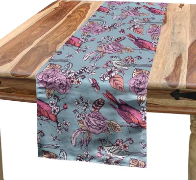 Zdjęcie produktu dla ABAKUHAUS Wiosenny bieżnik na stół, styl vintage, romantyczny motyw natury z ptakami i kwiatami, 40 x 225 cm, wielokolorowy