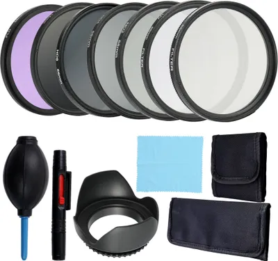 A collection of camera lens filters and cleaning accessories laid out on a white background.