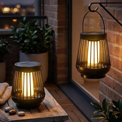 Immagine prodotto di Lanterna solare nera 15 x 13 cm con effetto fiamma - Set da 2 - Lampada decorativa a LED da esterno, da appendere o appoggiare