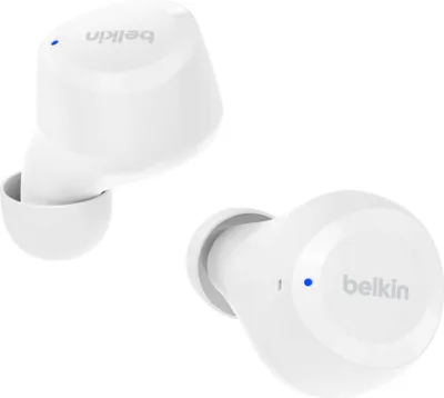 Two white Belkin Soundform Bolt true-wireless in-ear earbuds are shown against a white background.