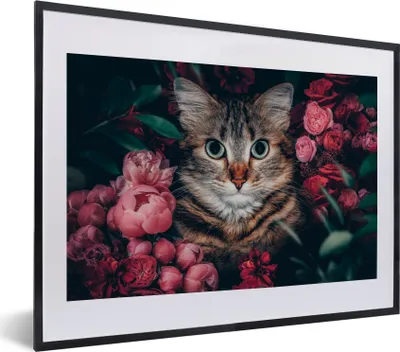 Produktbild von MuchoWow® Gerahmtes Poster Katze - Blumen - Blätter - Botanisch 40x30 cm - Poster mit Schwarzem Bilderrahmen Wandposter Rahmen Foto Bilder - Bilderrahmen - Poster im Rahmen
