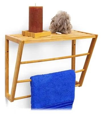 Obrázek produktu pro TRANKIELO® - Ručníkový držák z bambusu s poličkou - Montáž na zeď - 3 tyče - 42x20x30 cm, přírodní