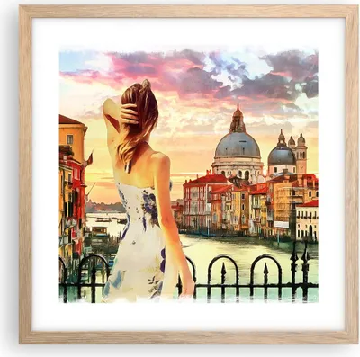 Produktbild von Gerahmtes Poster - Rahmen in heller Eiche - Venedig Brücke Wasser - 40x40 cm - Wand Bild - Wanddeko - Wandbilder - Wandposter - Bilderrahmen - Bilder - Kunstdruck - Wandbild - P2NAC40x40-3495