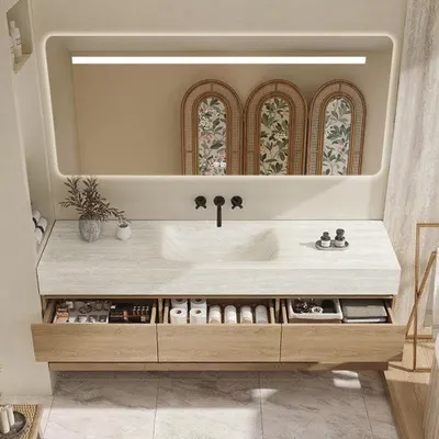 Immagine prodotto di Set lavabo sospeso - Pietra sinterizzata - Effetto travertino, con specchio, mobile sottolavabo, ripiano e scarico, senza foro per rubinetteria 120×55 cm【RW9865-120 BKK】
