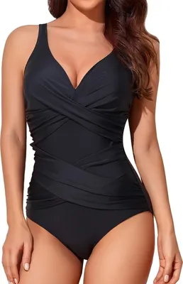 Produktbild von Smismivo Badeanzug Damen Bauchweg Push Up Schwimmanzug mit Retro Schlankheits Raffung Einteilige Bademode Swimsuits for Women